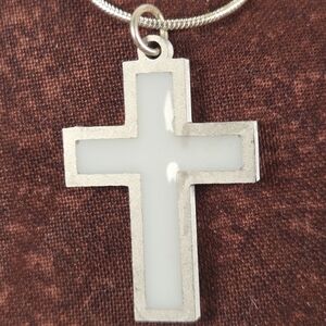 Silver and White Cross Pendant Necklace
